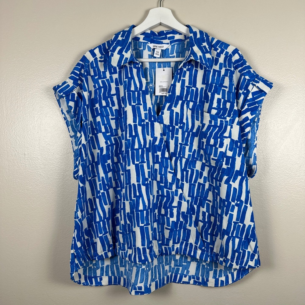 Nine‎ West Women's XXL Dolman Surplice Shirt Blue White Abstract NEW
